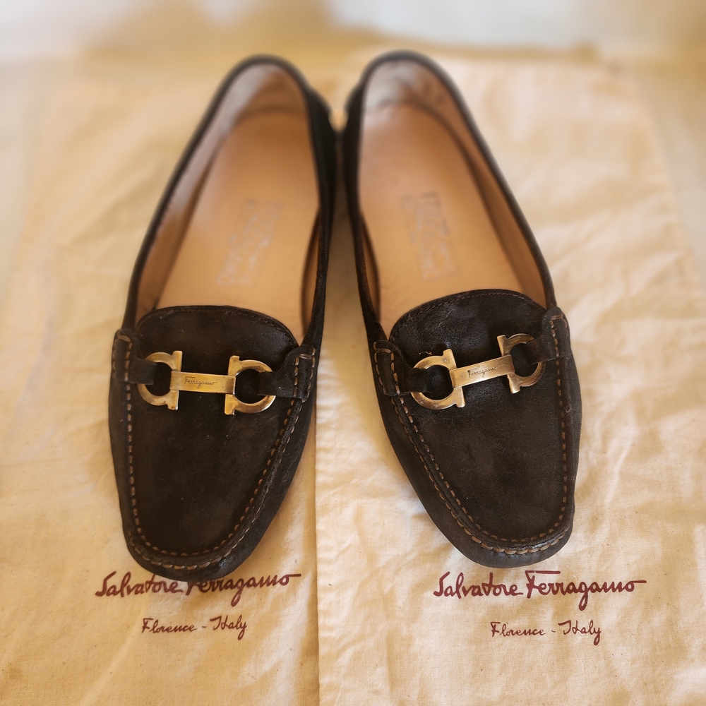 Salvatore Ferragamo Dark Brown Loafers with Gold Accents